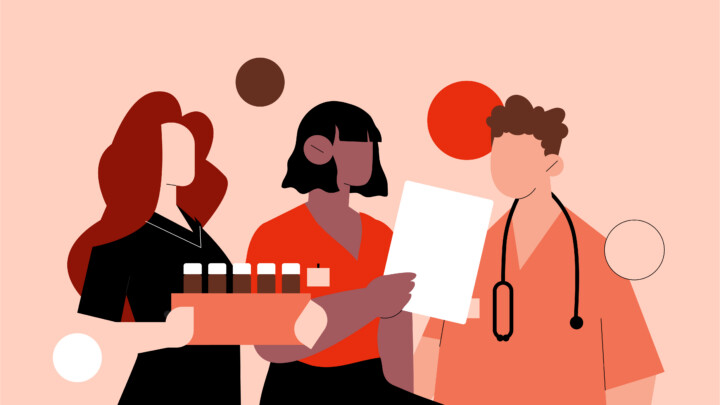 Illustration of three healthcare professionals—one holding medicine bottles, another with a document, and the third wearing a stethoscope—depicting the qualities of a good nurse against a background of abstract shapes.