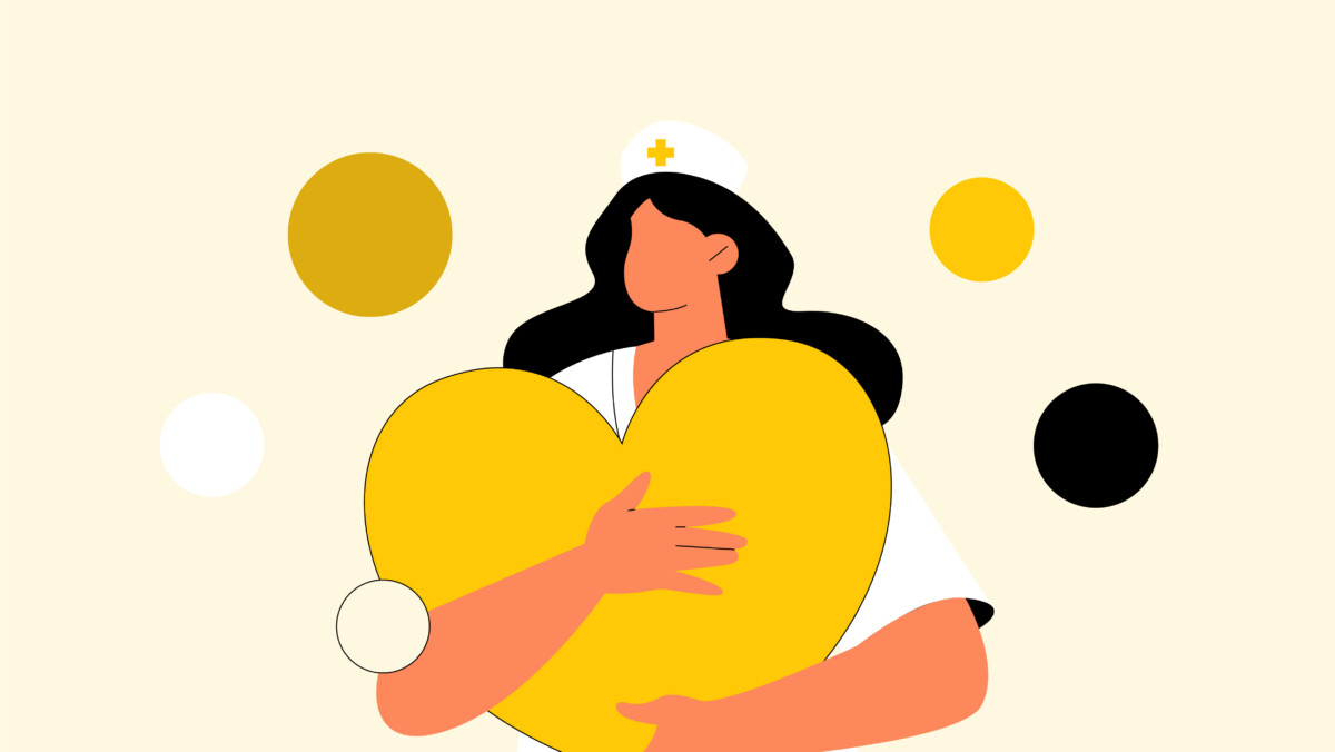 Illustration einer Krankenschwester, die ein großes gelbes Herz in der Hand hält, umgeben von farbigen Kreisen auf hellem Hintergrund, als Symbol für die Selbstfürsorge von Krankenschwestern.