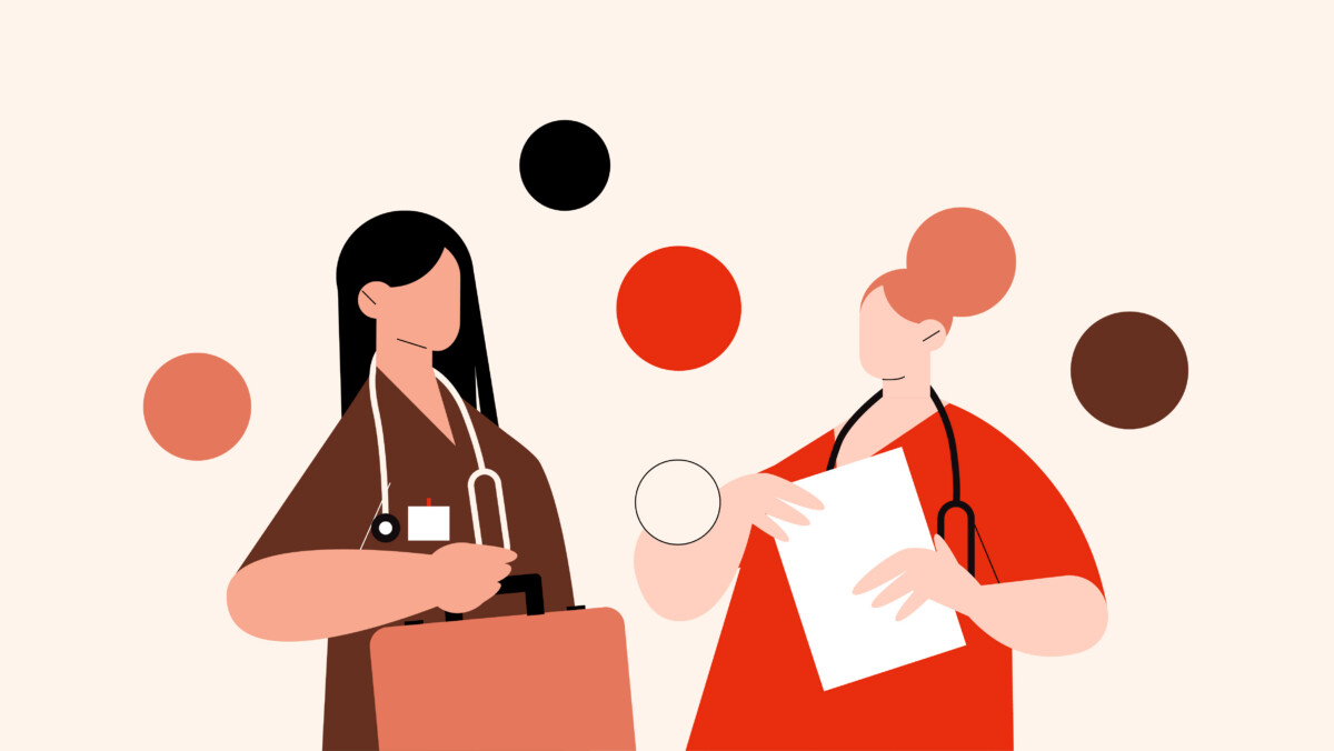 Illustration of two healthcare professionals with stethoscopes, one holding a briefcase and the other holding papers—symbolizing switching specialties in nursing—standing in front of abstract colored circles.