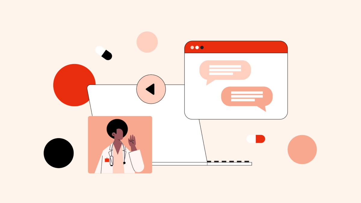 Illustration of a doctor on a video call with a laptop, chat bubbles, and pills, highlighting telemedicine jobs for physicians and the benefits of online medical consultation.