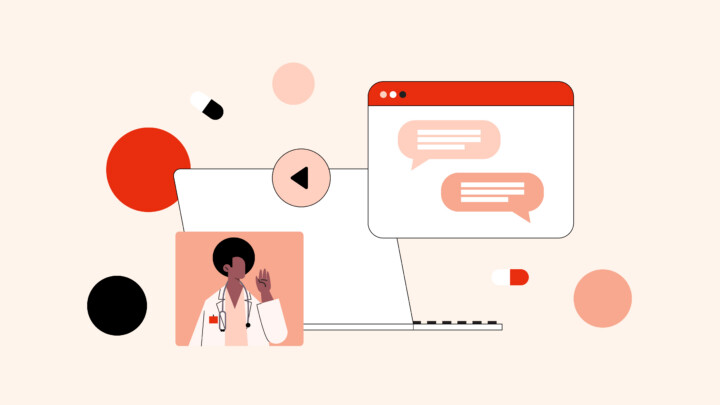 Illustration of a doctor on a video call with a laptop, chat bubbles, and pills, highlighting telemedicine jobs for physicians and the benefits of online medical consultation.