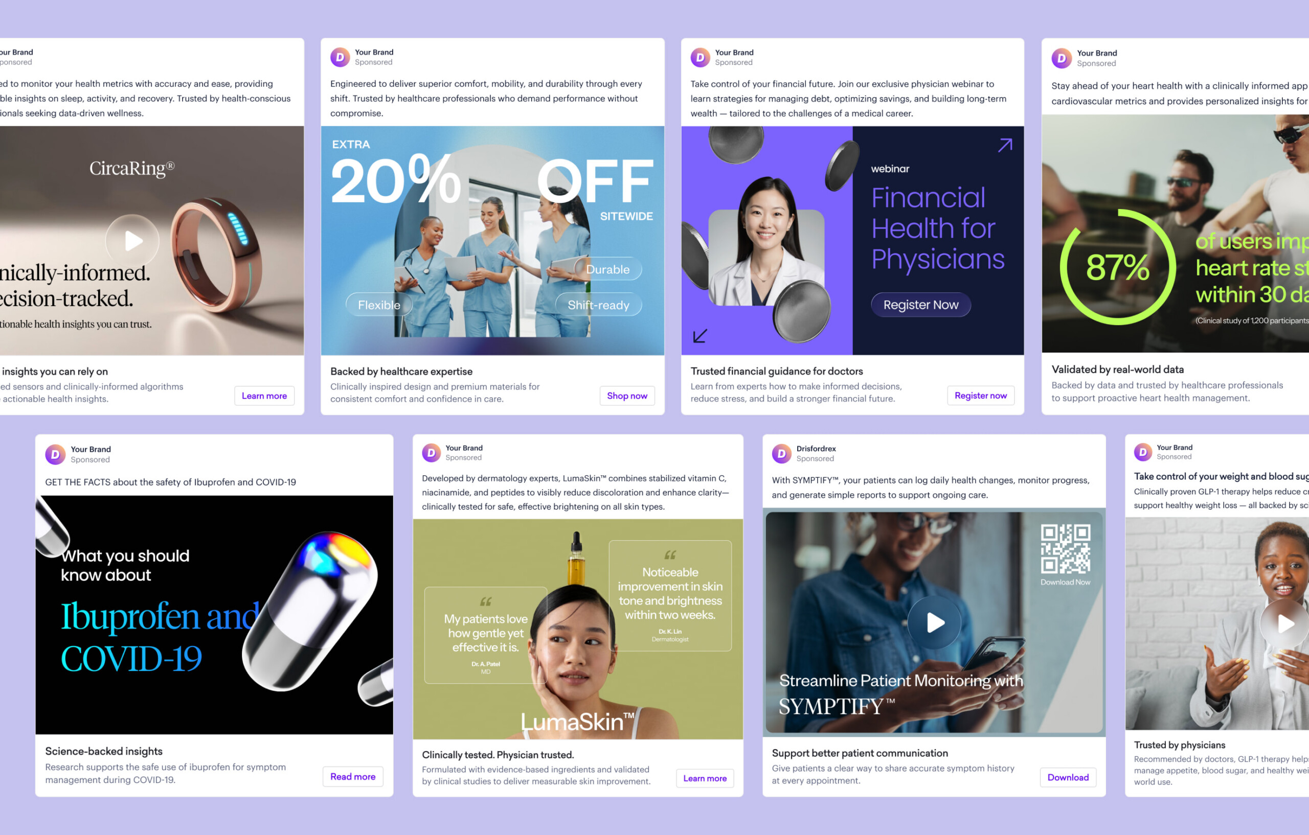 A collage of eight digital health ads featuring smart rings, medication info, telehealth services, patient monitoring, medical market research surveys, skin care technology, discounts, and doctor guidance—all on a purple background.