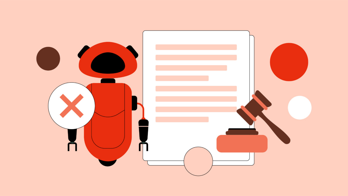 Illustration of a robot holding an X sign next to a document and a judge's gavel, symbolizing legal issues or regulations—such as who is responsible when AI makes a medical mistake.