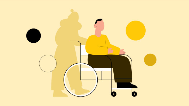 Illustration of a person in a wheelchair with another figure behind, set against a beige background with yellow, black, and white circles—highlighting the importance of not discharging sedated patients without escort.
