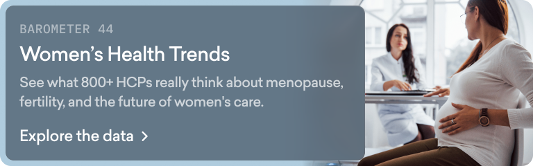 A pregnant woman sits in a doctor's office while healthcare professionals speak with another woman in the background. Text discusses women's health trends.