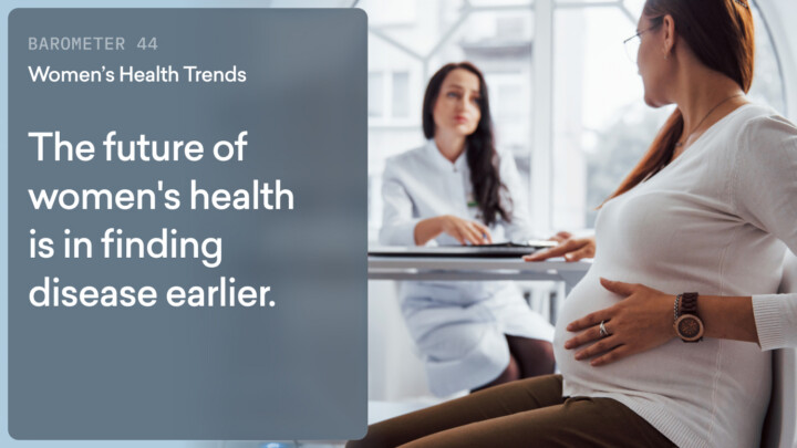 A pregnant woman speaks with a doctor at a desk; text overlay discusses early disease detection as a trend in women's health care, highlighting the vital role of healthcare professionals and data in improving outcomes.