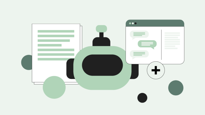 Illustration of a green and black robot between a stack of papers and a web page displaying chat bubbles, highlighting the benefits of virtual healthcare assistants in streamlining digital communication and support.