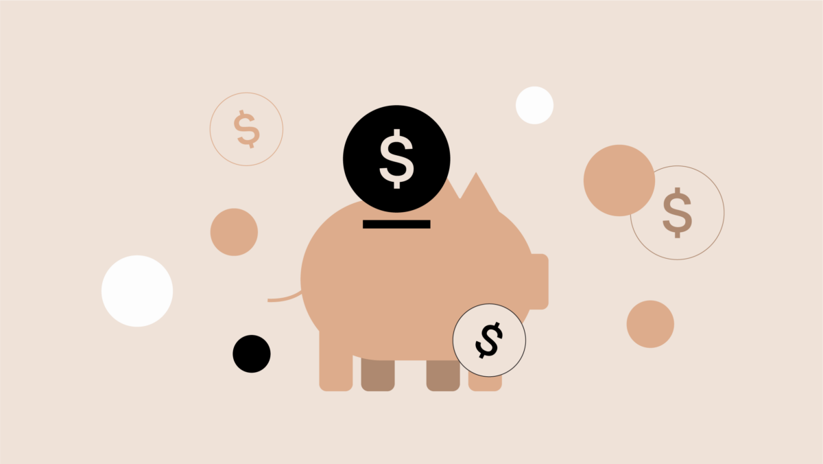 Illustration of a piggy bank with dollar symbols on coins around and inside it, set against a beige background with abstract circles.