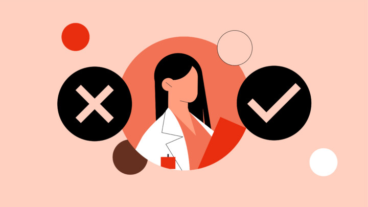 Illustration of a woman in a lab coat holding papers, with a large black X on the left and a large black check mark on the right, surrounded by colored circles—perfect for highlighting direct primary care pros and cons.