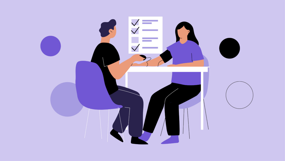 Illustration of a person measuring another's blood pressure at a table, with a checklist in the background, representing the process of independent medical examinations.