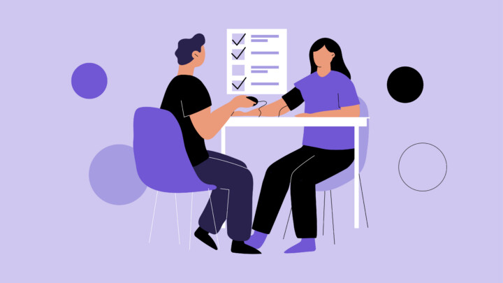 Illustration of a person measuring another's blood pressure at a table, with a checklist in the background, representing the process of independent medical examinations.