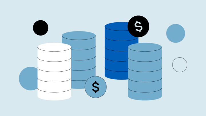 Illustration of stacked cylindrical shapes in various shades of blue and white, with dollar sign icons and circular accents, representing financial data or databases related to loan forgiveness for physicians.