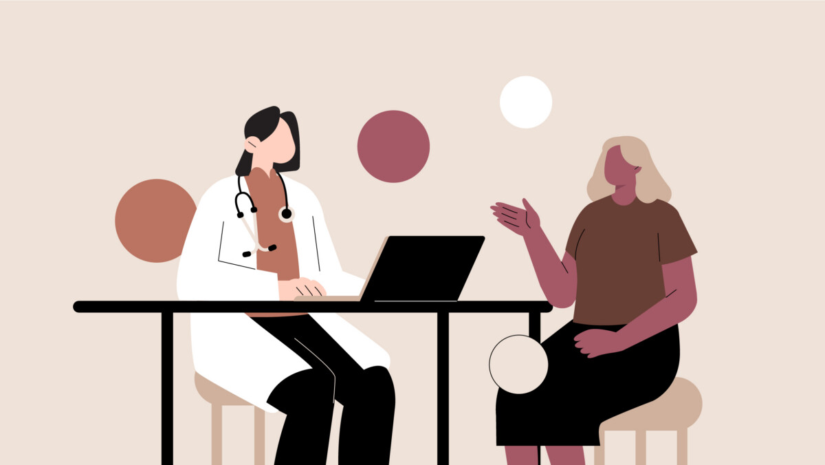 Illustration of a doctor with a stethoscope sitting at a desk with a laptop, talking to a patient seated across from them, skillfully dealing with difficult patients in a calm and professional manner.