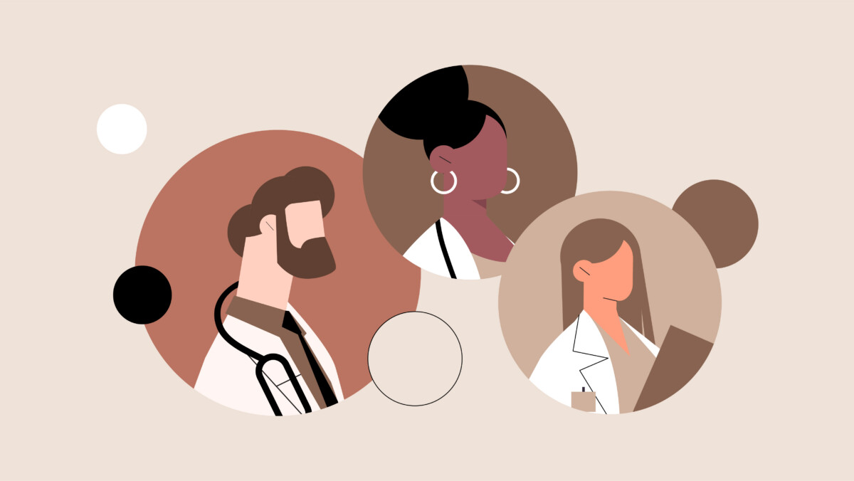 Illustration of three medical professionals wearing white coats, depicted inside overlapping circles on a neutral background—perfect for discussions about 1099 vs W2 physician employment options.