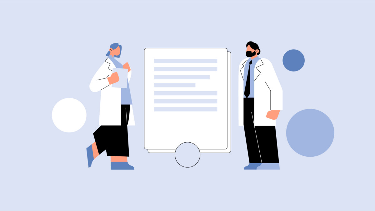 Illustration of two people in lab coats standing on either side of a large document labeled "IME vs QME," with abstract blue circles in the background.