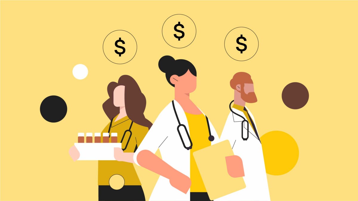 Three medical professionals with stethoscopes stand together; one holds a folder, another test tubes, with dollar signs above their heads on a yellow background, highlighting finance tips for doctors.