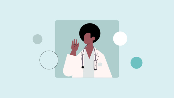 Illustration of a doctor with a stethoscope raising one hand, set against a blue background with abstract circular shapes, highlighting the message that physicians are not providers.