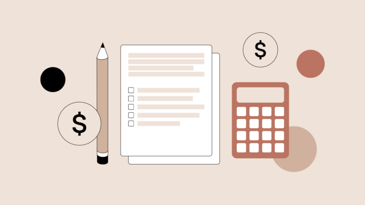 Illustration of a pencil, checklist paper, calculator, and dollar symbols, representing financial planning or budgeting—ideal for concepts like tax deductions for doctors.