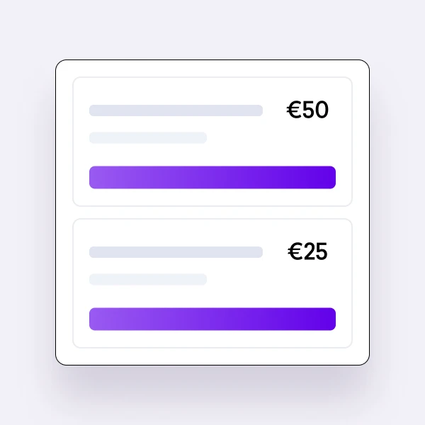 Eine digitale Benutzeroberfläche, auf der zwei rechteckige Karten mit Fortschrittsbalken zu sehen sind, wobei auf der rechten Seite jeder Karte die Preise 50 € und 25 € angezeigt werden.