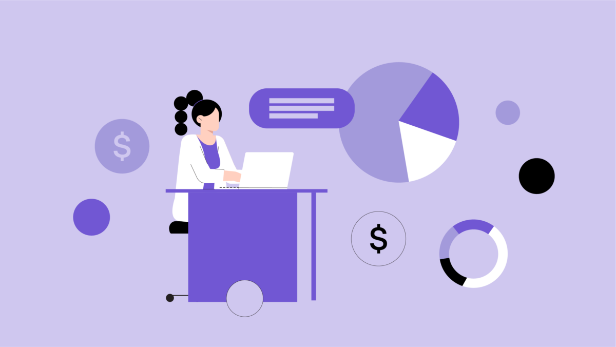 Illustration of a woman working on a laptop at a desk, with pie charts, dollar signs, and data-related graphics in the background, highlighting the impact of MSO in healthcare analytics and financial management.