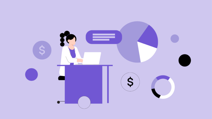 Illustration of a woman working on a laptop at a desk, with pie charts, dollar signs, and data-related graphics in the background, highlighting the impact of MSO in healthcare analytics and financial management.