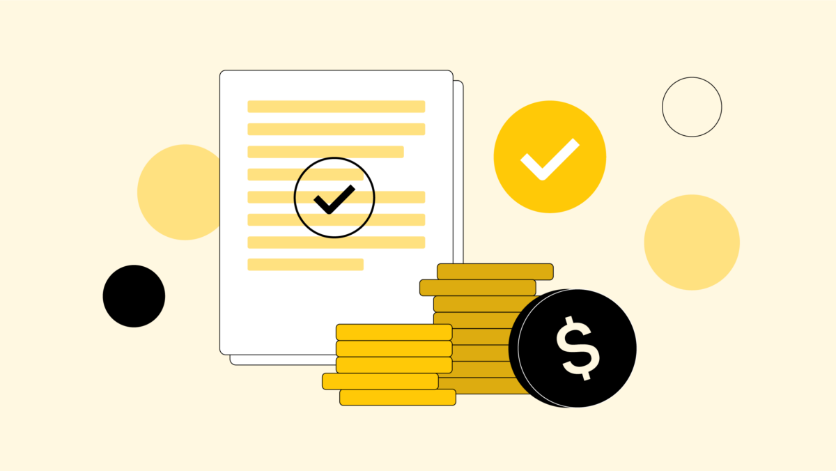 Illustration of stacked coins, a document with a check mark, and check mark icons, suggesting financial or business approval—ideal for topics like whether to pay off student loans or invest.