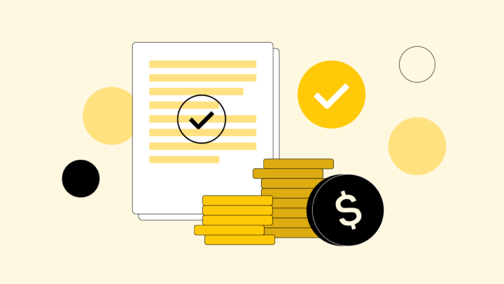 Illustration of stacked coins, a document with a check mark, and check mark icons, suggesting financial or business approval—ideal for topics like whether to pay off student loans or invest.