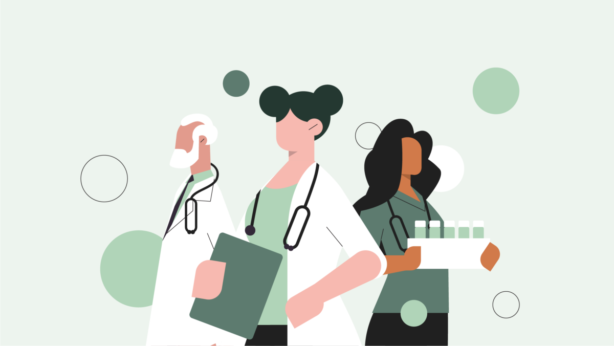 Illustration of three healthcare professionals—two in white coats with stethoscopes and one holding a tray of medical vials—set against a background with green and white circles, symbolizing the Future of Healthcare.