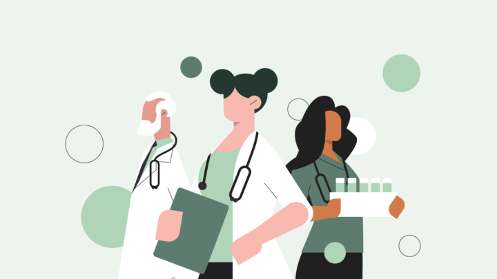Illustration of three healthcare professionals—two in white coats with stethoscopes and one holding a tray of medical vials—set against a background with green and white circles, symbolizing the Future of Healthcare.