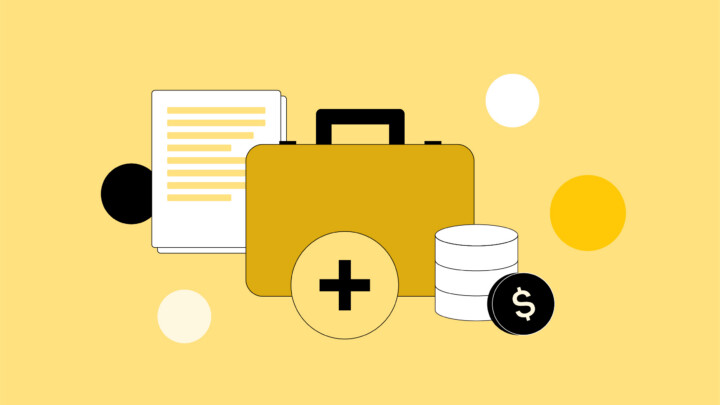 Yellow briefcase with plus sign, documents, currency symbols, and circular shapes on a yellow background, symbolizing business concepts—perfect for illustrating topics like Why Would Physicians Prefer Operating as an LLC?.