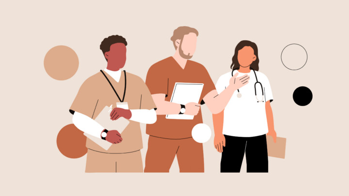 Illustration of three healthcare professionals standing together, holding medical charts and a stethoscope, promoting teamwork and unity against incivility in healthcare, set against a neutral background with abstract circles.