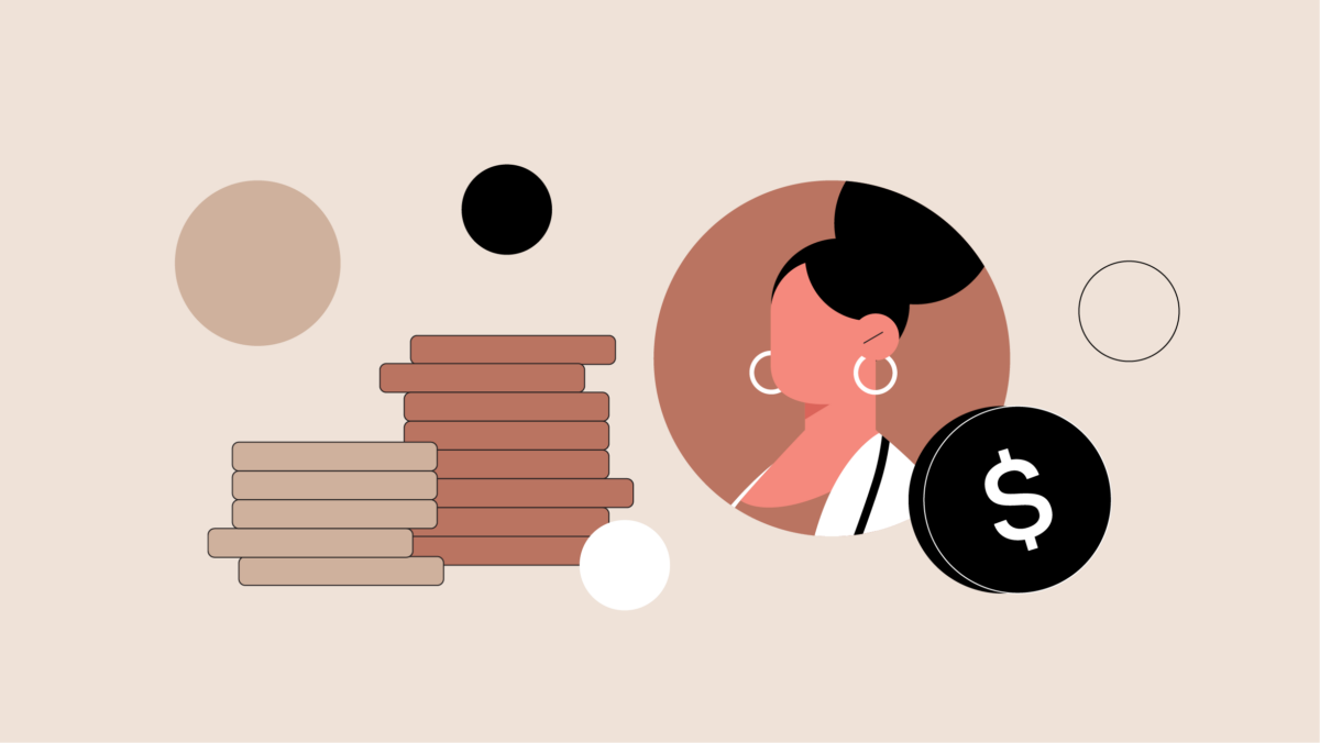 Illustration of a woman with hoop earrings next to stacks of coins and a black coin with a dollar sign, surrounded by various colored circles—ideal for topics related to physician keynote speakers and financial success.