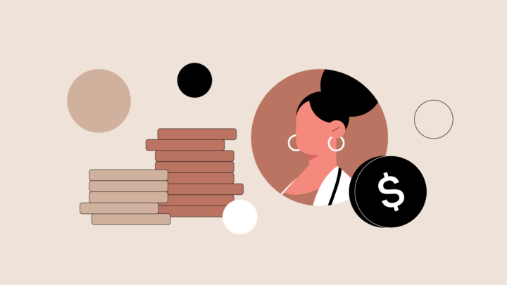 Illustration of a woman with hoop earrings next to stacks of coins and a black coin with a dollar sign, surrounded by various colored circles—ideal for topics related to physician keynote speakers and financial success.