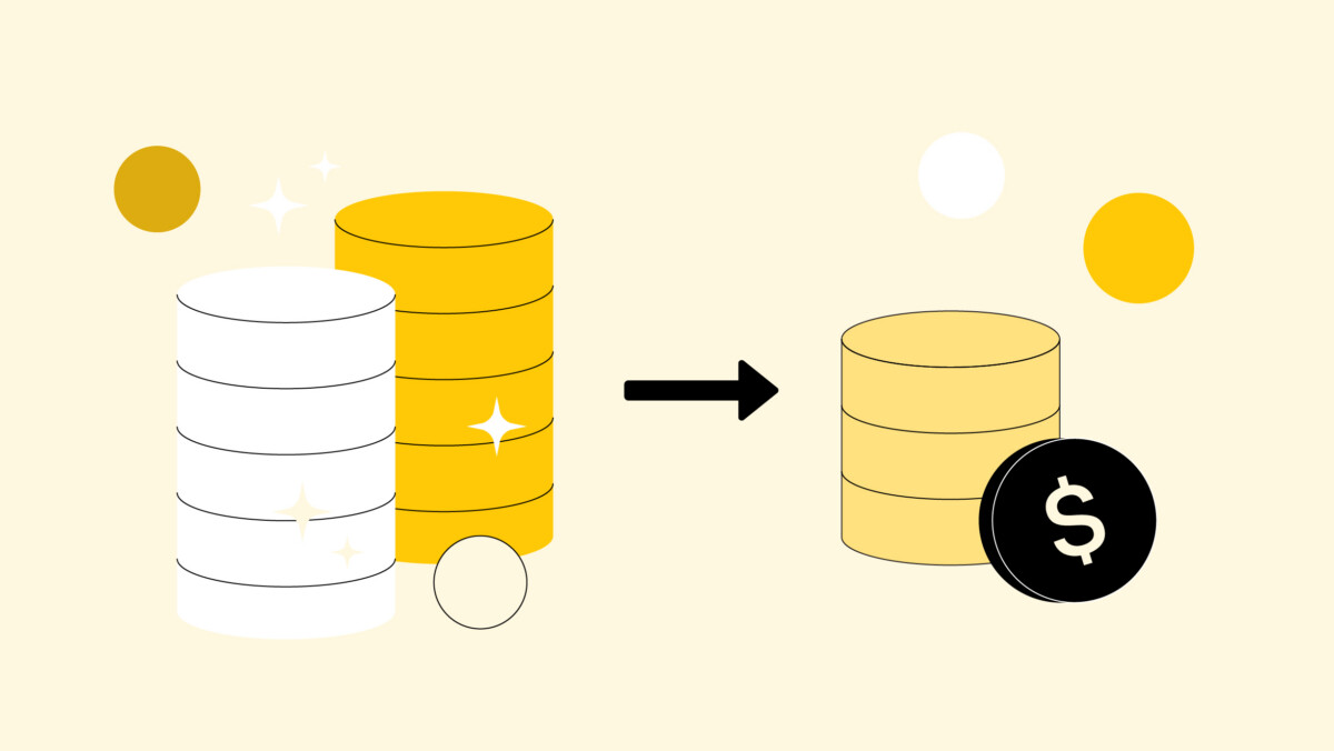 Two stacks of white and yellow coins on the left with sparkles, an arrow pointing right—illustrating how to pay off medical school debt—leading to a shorter stack of yellow coins and a black coin with a dollar symbol.