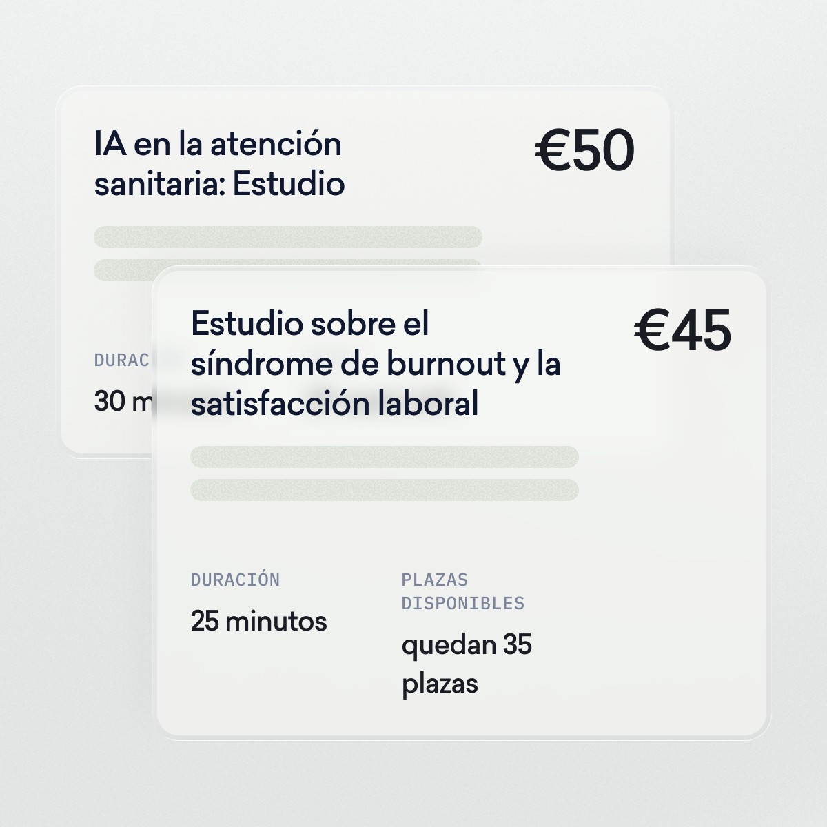 Dos fichas informativas sobre los estudios, redactadas en español, muestran los importes a pagar (50 € y 45 €), los títulos de los estudios, su duración (30 y 25 minutos), las plazas disponibles (quedan 35) e indican que los estudios buscan dermatólogos.