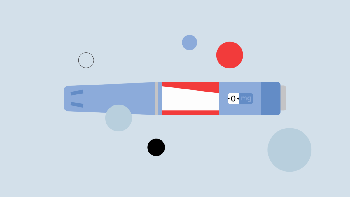Illustration of a blue medical injection pen labeled "0 mg," featuring red, black, and blue circles on a light background—an eye-catching depiction often associated with the advancement of weight-loss therapies.