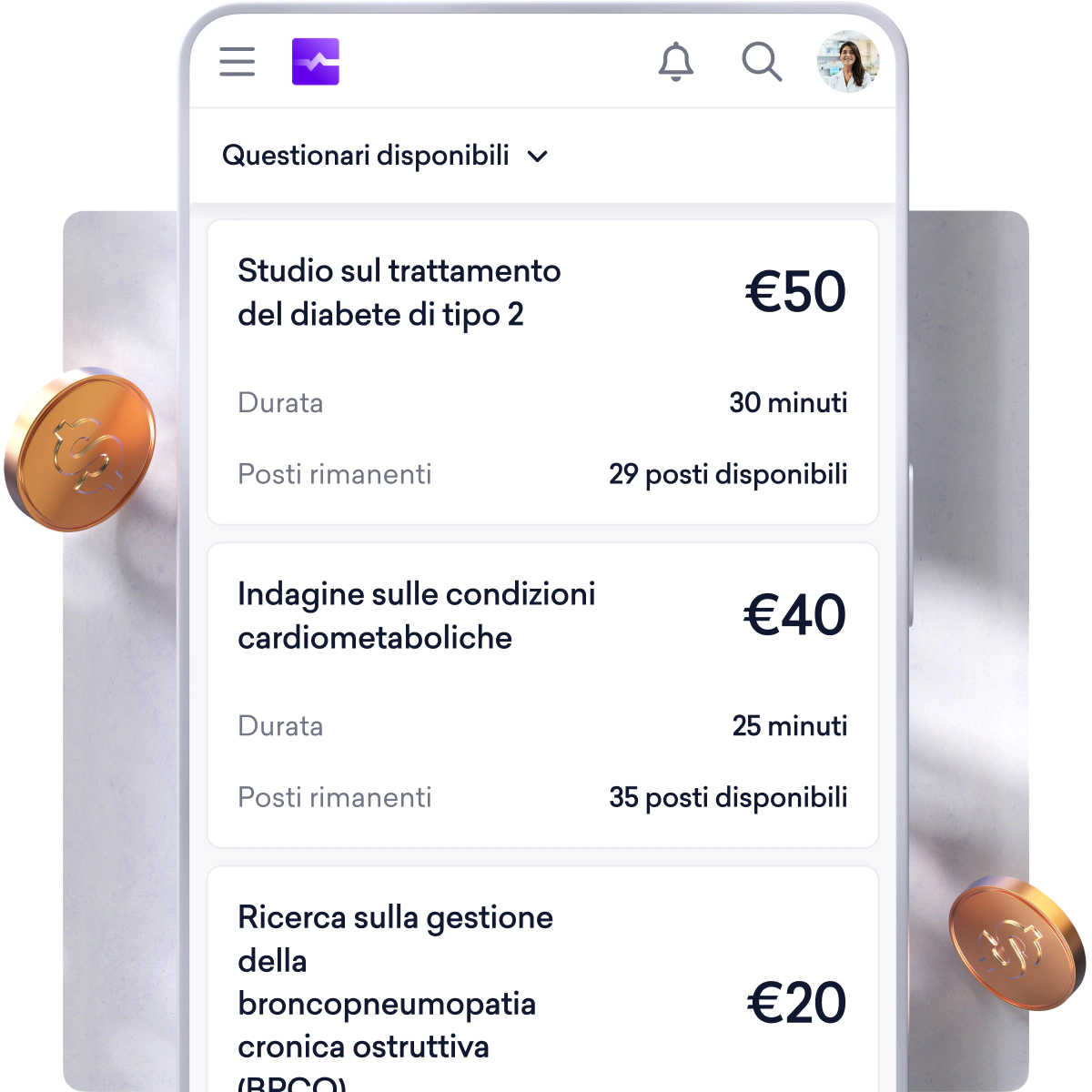 Lo schermo di uno smartphone mostra un elenco di sondaggi medici retribuiti in italiano, con titoli, durata, disponibilità e importi del compenso in euro.