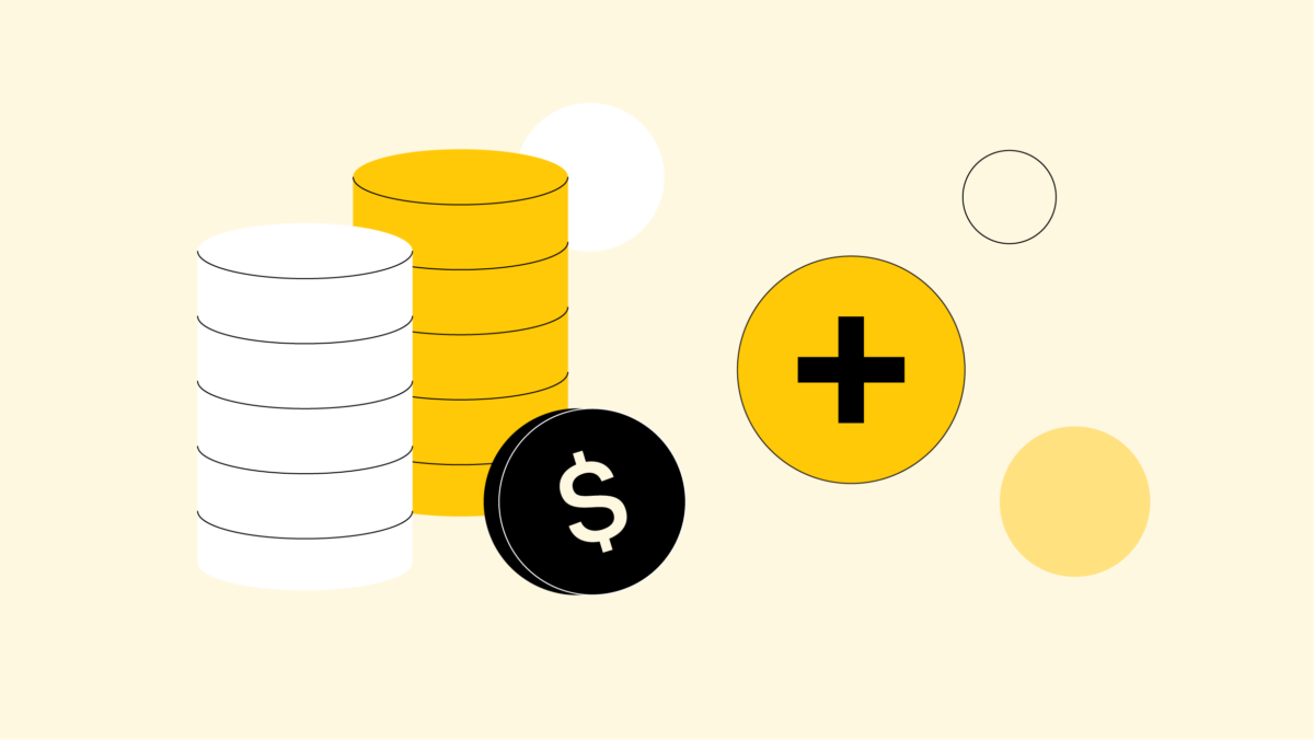 Illustration of stacked white and yellow coins, a black coin with a dollar sign, and a large yellow circle with a plus sign, symbolizing the financial aspects of For-Profit Healthcare on a light background.