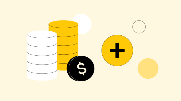 Illustration of stacked white and yellow coins, a black coin with a dollar sign, and a large yellow circle with a plus sign, symbolizing the financial aspects of For-Profit Healthcare on a light background.