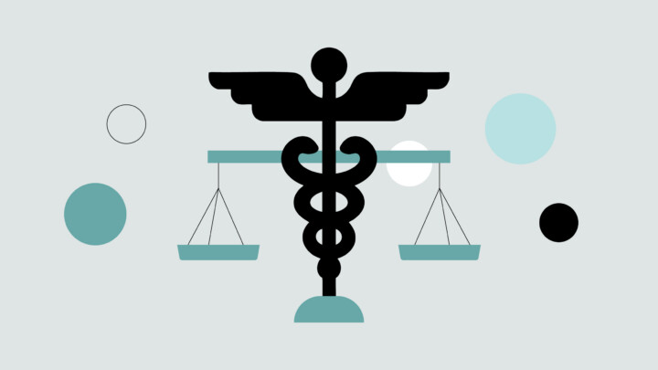 A caduceus symbol with scales balanced on each side, representing DEI in healthcare, is surrounded by variously sized circles on a light gray background.