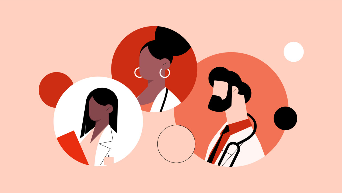 Illustration of three diverse medical professionals in white coats, depicted with minimal facial details, inside overlapping red, orange, and white circles on a light peach background—a visual reminiscent of the engaging discussions found in the Best Medical Podcasts.