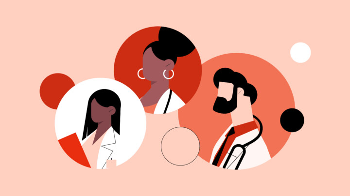Illustration of three diverse medical professionals in white coats, depicted with minimal facial details, inside overlapping red, orange, and white circles on a light peach background—a visual reminiscent of the engaging discussions found in the Best Medical Podcasts.