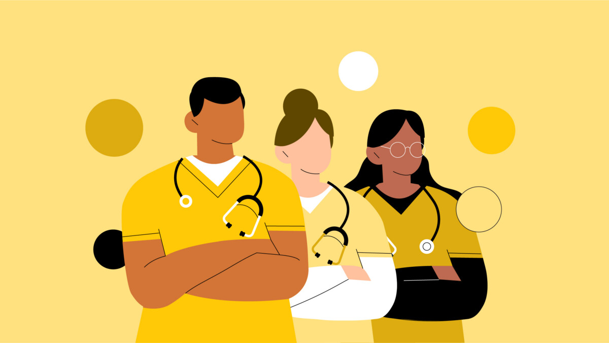 Illustration of three healthcare professionals in yellow uniforms with stethoscopes, standing together against a yellow background with circular accents—representing the different fields in nursing.