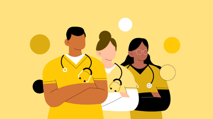 Illustration of three healthcare professionals in yellow uniforms with stethoscopes, standing together against a yellow background with circular accents—representing the different fields in nursing.