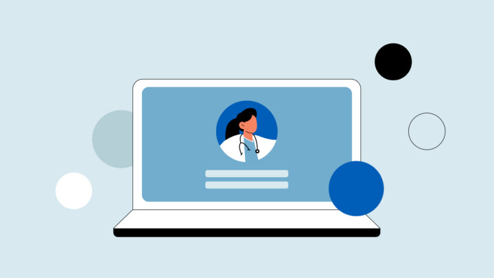 Illustration of a laptop displaying a profile of a female healthcare professional wearing a stethoscope, with abstract colored circles in the background, representing Telehealth Nursing.