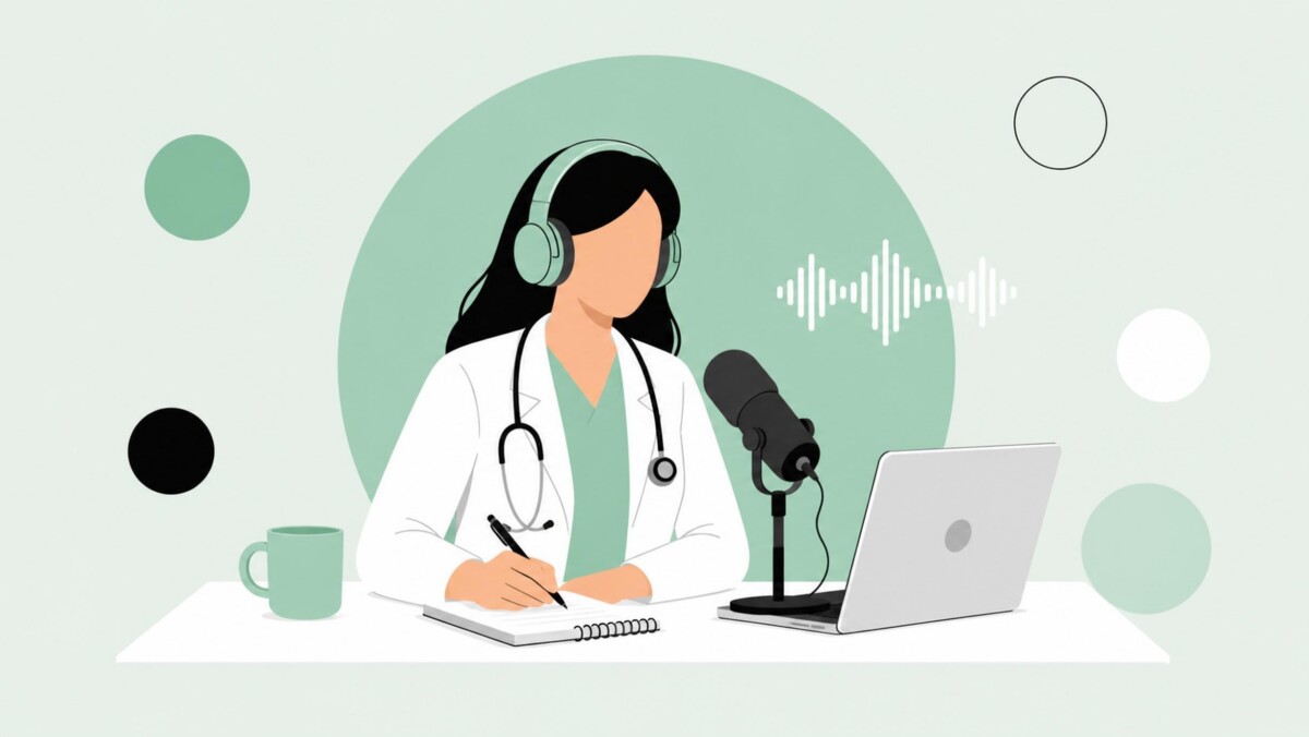 Illustration of a doctor wearing headphones, writing in a notebook, seated at a desk with a laptop, microphone, and mug—an ideal scene for learning how to set up a medical podcast—with sound waves in the background.