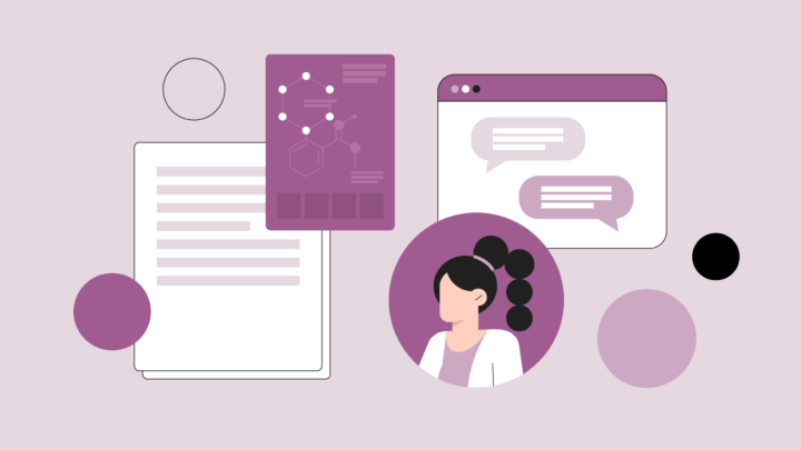 Illustration of a woman, chat window with speech bubbles, scientific chart, and documents—with purple and white abstract circles in the background—captures the dynamic journey of exploring how to become a medical director.