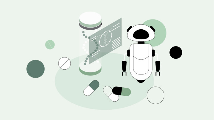 Illustration of a robot analyzing a digital DNA report, with pills, capsules, and a large medicine bottle nearby, representing the role of AI in pharmacy and pharmaceutical research.