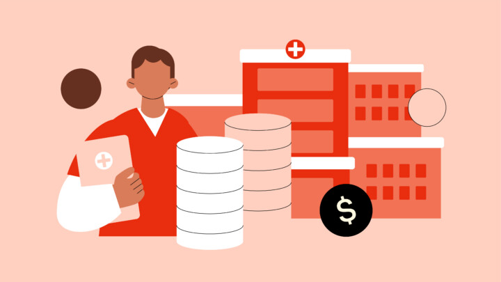 Illustration of a healthcare worker holding a clipboard, hospital buildings, stacks of coins, and a dollar sign, representing locum tenens housing costs.