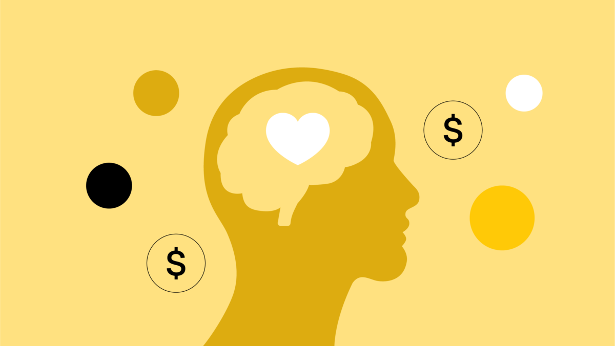 A yellow silhouette of a head with a heart in the brain area, surrounded by dots and dollar signs on a light yellow background, symbolizing innovative Nurse Practitioner Business Ideas that blend compassion with entrepreneurial success.